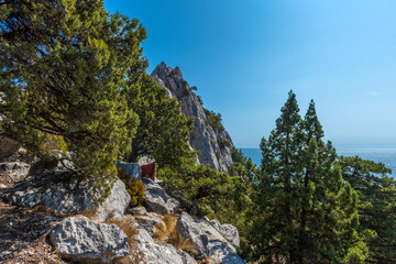 Rock Diva on beach, beautiful black sea shore landscape with mountain cliff, main nature landmark...