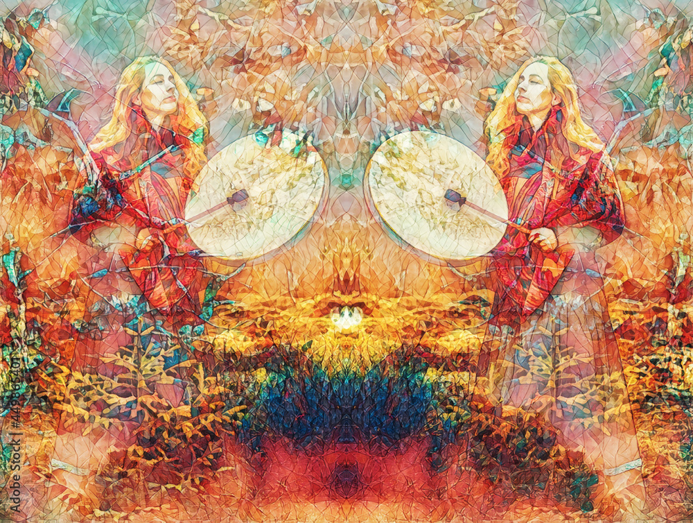 Poster detail shamanic girl playing on shaman frame drum in the nature.. painting effect.