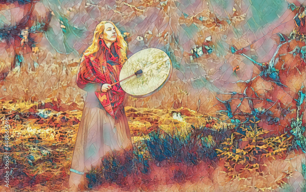 Poster detail shamanic girl playing on shaman frame drum in the nature.. painting effect.