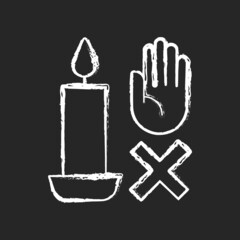 Never touch burning candle chalk white manual label icon on dark background. Placing container on stable surface. Isolated vector chalkboard illustration for product use instructions on black