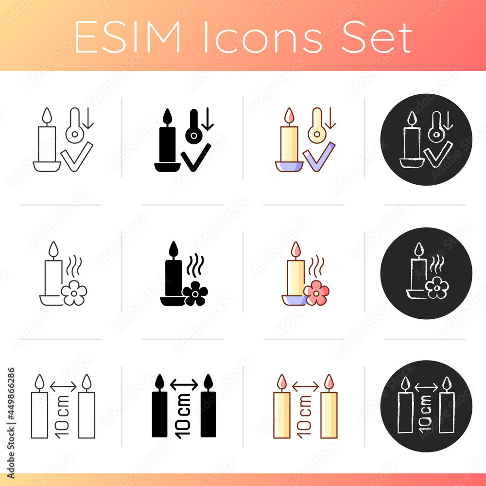Poster burning candles safely manual label icons set. storage at room temperature. fragrant oils, wax mixtu