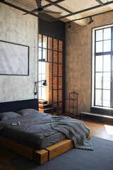 Vertical background image of empty bedroom interior with modern loft design, copy space