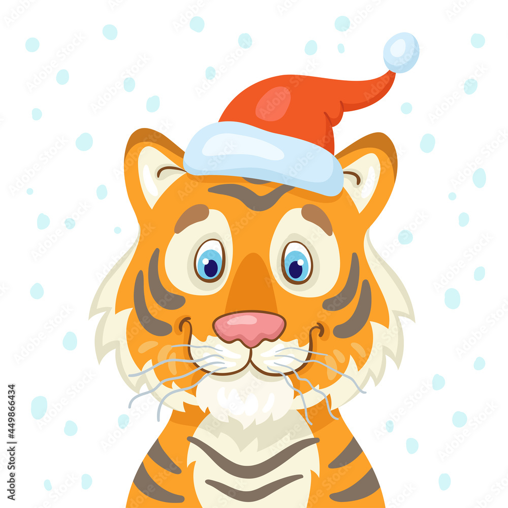 Wall mural Portrait of a funny tiger - symbol of the New Year in a Santa's hat. In cartoon style. Isolated on white background. Vector flat illustration.