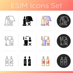 Being safe around candle manual label icons set. Keep candles away from air currents. Remove wrapping. Linear, black and RGB color styles. Isolated vector illustrations for product use instructions
