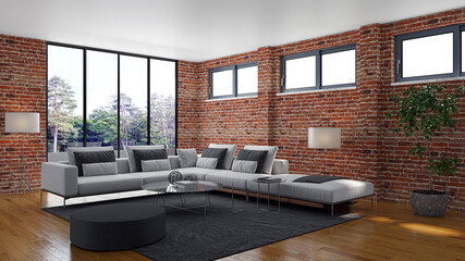 Illustration 3D rendering large luxury modern bright interiors Living room mockup computer digitally generated image