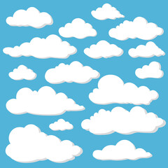 Fototapeta premium Cartoon Clouds Set On Blue Sky Background. Set of funny cartoon clouds, smoke patterns and fog icons, for filling your sky scenes or ui games backgrounds. Vector art