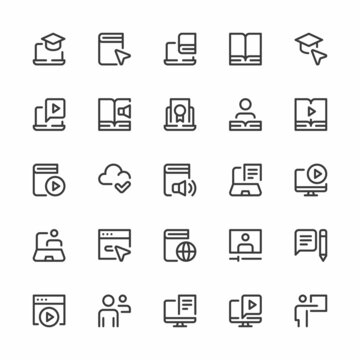 Online Education, E-Learning, Distance Learning, Remote Training. Simple Interface Icons for Web and Mobile Apps. Editable Stroke. 32x32 Pixel Perfect.