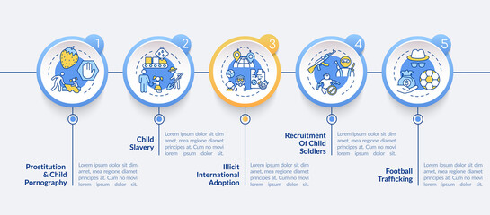 Underaged slavery vector infographic template. Exploitation presentation outline design elements. Data visualization with 5 steps. Process timeline info chart. Workflow layout with line icons