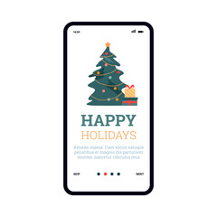 Christmas holiday onboarding mobile screen template, flat vector illustration.