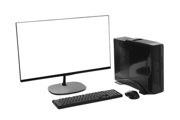 Modern computer monitor with black screen, keyboard and mouse on white background