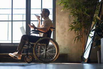 Full length portrait of modern adult man in wheelchair using smartphone while working at home lit by sunlight, copy space