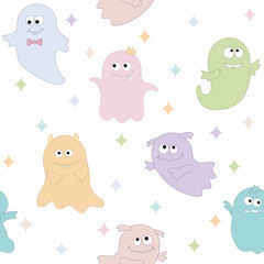 cute ghost characters pattern for Halloween, color vector illustration