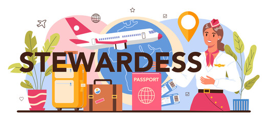 Stewardess typographic header. Flight attendants help passenger