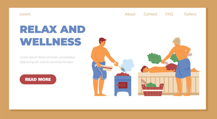 Relax and wellness website with people in sauna, flat vector illustration.