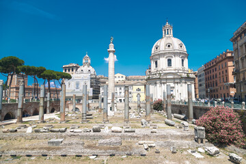 View of the roman ruins in a sunny day in Rome, Italy.