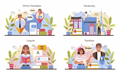 Translator concept set. Linguist translating document, books and speach.