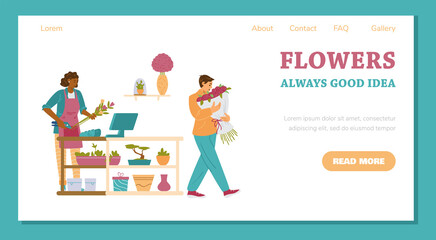 Advertising website banner mockup for floral shop, flat vector illustration.