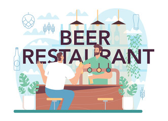 Beer restaurant typographic header. Glass bottle and vintage mug