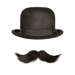 Ancient bowler hat with black curly moustache isolated on white - obrazy, fototapety, plakaty