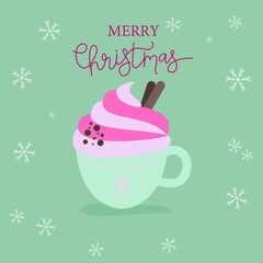 Winter cup of hot chocolate or hot cocoa with marshmallows and snowflake ornament. Blue circle. Flat design elements. Winter season illustration.