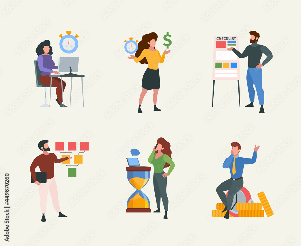 Poster checklist characters. business concept pictures with businessman persons working time management tas