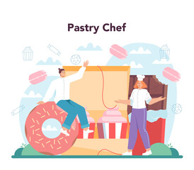 Confectioner concept. Professional pastry chef. Sweet baker cooking pie