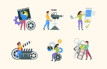 Filmmaking characters. People shooting photo videography production filming media content video tv advertisment garish vector illustrations in flat style