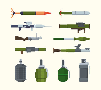 Military weapons. Items for army heavy artillery flying bombs launchers of granade steel bazookas explosive detonators garish vector illustrations of weapons