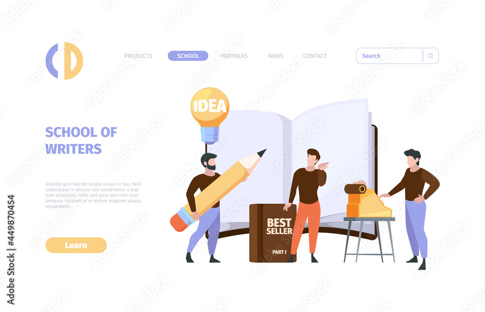 Poster blogger landing page. business web template with professional journalists and writers working commun