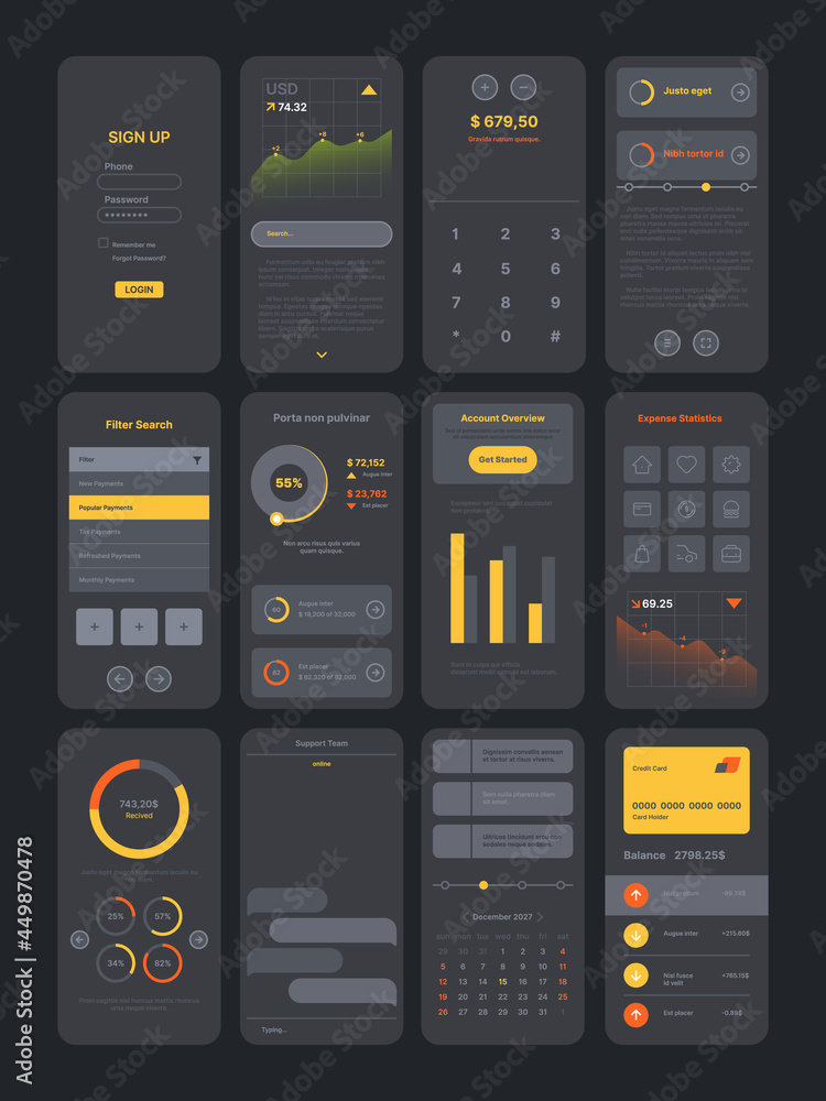 Poster dark theme ui kit. digital modern interface app pages templates with various icons symbols frames pr