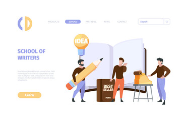 Blogger landing page. Business web template with professional journalists and writers working communicate with different persons garish vector