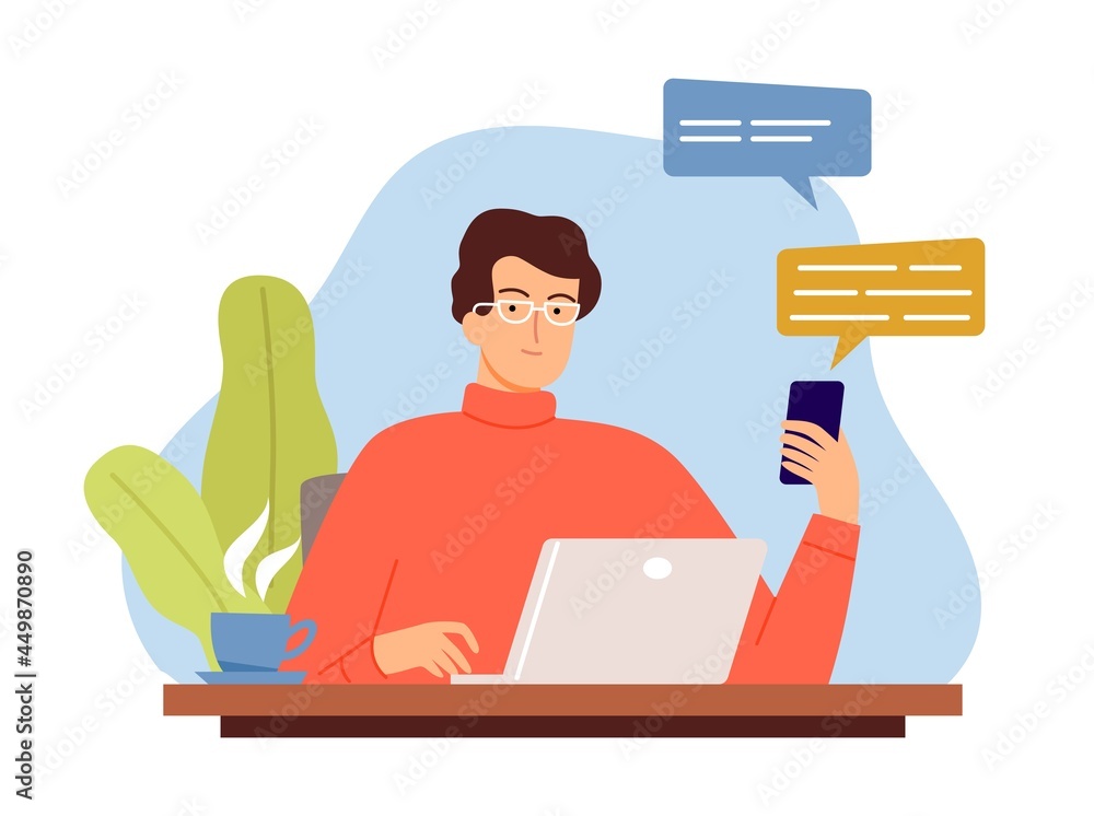 Aufkleber online communication concept. man find idea, boy work from home. busy manager or web developer vecto