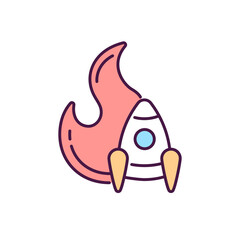 Start up launch RGB color icon. Rocket with flames. Spaceship with fire prepare for flight. Startup sign for developing new business. Isolated vector illustration. Simple filled line drawing
