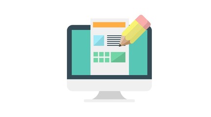 Web Design Icon. Vector isolated flat illustration of a computer and a web template with a pencil