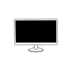 Vector hand drawn black and white flat icon of computer liquid crystal wide monitor pc display. Pictogram for web design and typography.