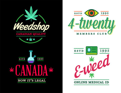 Set of Dispensary Medical Cannabis Marijuana Sign or Label Template in Vector. Sativa and Indica Strains. Fictitious Names for Example.