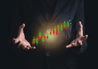 Data analysis, Business growth, Progress or success, Intelligence, Good financing, Stock market, Business growth concept. Businessman hold and show virtual investment charts and diagrams