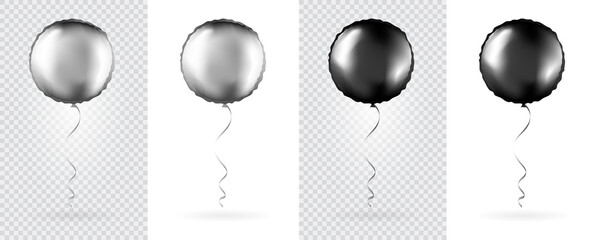Big Set of Silver and Black Round shaped foil balloons on transparent white background. Mockup for balloon print. Vector. © ckybe