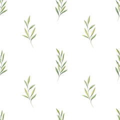 Watercolor olive leaves seamless pattern on white background. Greenery digital paper. Perfect for textile, covers, wrapping paper, fabric. 