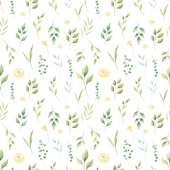 Watercolor floral seamless pattern with greenery leaves. Perfect for textile, covers, wrapping paper, fabric. 