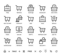 Set of Shopping Cart and Basket Icons. Online Food Store. Vector Line Icons. Perfect Pixel.
