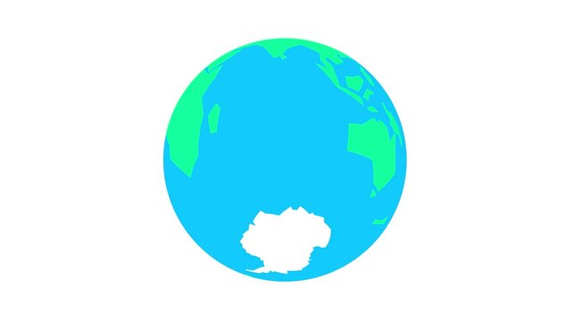 Earth cartoon 2d flat animation with Antarctica view. Rotating green blue planet with one white continent. Good for modern explainer, educational or business film, titles, etc. Isolated.