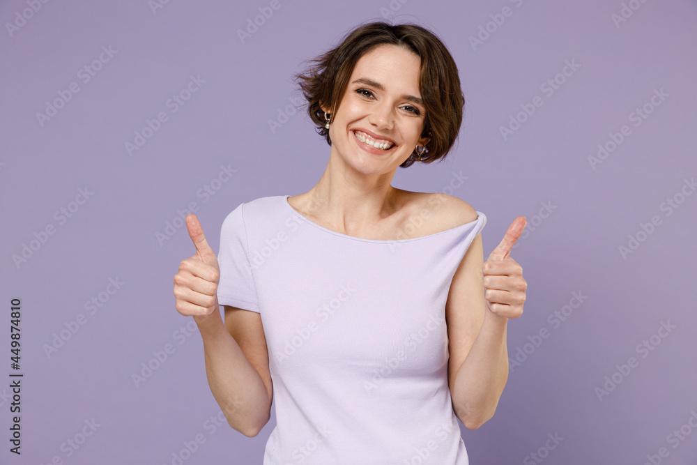 Poster young cheerful smiling happy stylish brunette woman 20s with bob haircut wear white t-shirt show thu