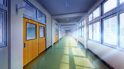 High school corridor balcony in the daytime, Anime background, 2D illustration
