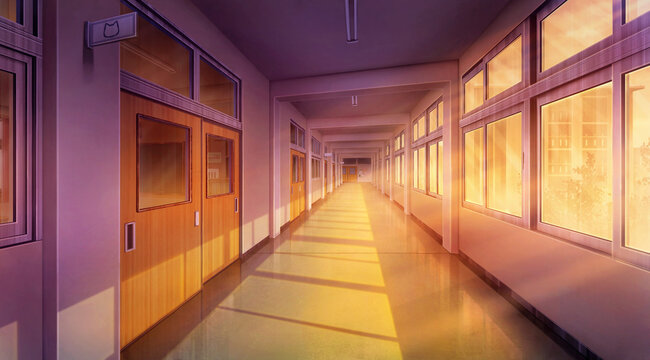 High school corridor balcony in the Everningtime, Anime background, 2D illustration