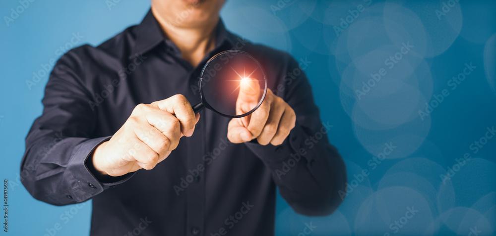 Poster searching data information on internet concept with businessman holding magnifier. networking templa