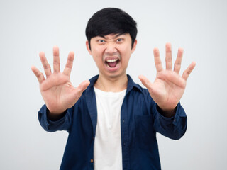 Fototapeta premium Asian man show hand to stop angry face say hold portrait,Man say stop concept