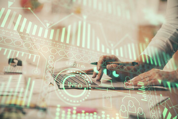 Double exposure of woman hands typing on computer and technology theme drawing. High Tech concept.