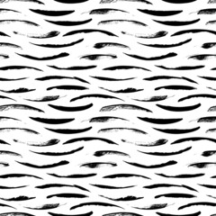 Horizontal brush strokes vector seamless pattern. Black paint freehand scribbles, wavy lines, dry brush stroke texture. Doodle texture. Chaotic rough smears. Hand drawn grunge ink illustration.