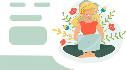 The girl works at the computer against the background of flowering plants. Cute blonde with a laptop in nature. Happy woman in red T-shirt, freelancer. Flat vector template, business card, banner.